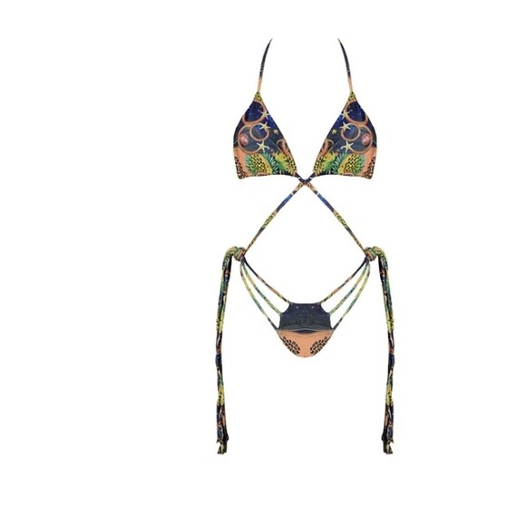 Sexy Skimpy Bikini Set Sz M -NWT Strappy Jungle Planet Leopard Psychedelic Print - Picture 8 of 9